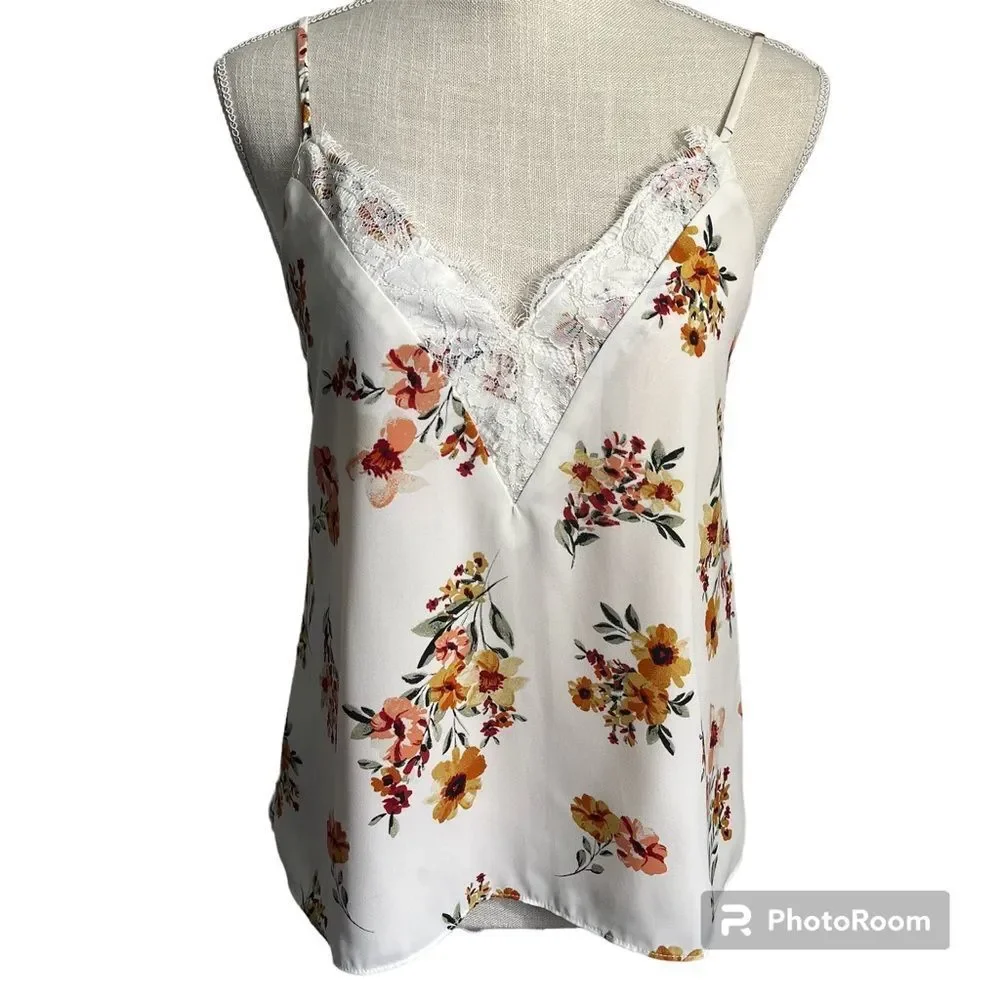 Socialite Cream Floral Lace Cami Tank Top Small - Picture 2 of 10